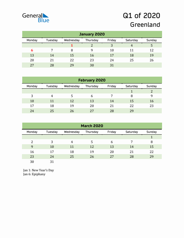 Quarterly Calendar 2020 with Greenland Holidays