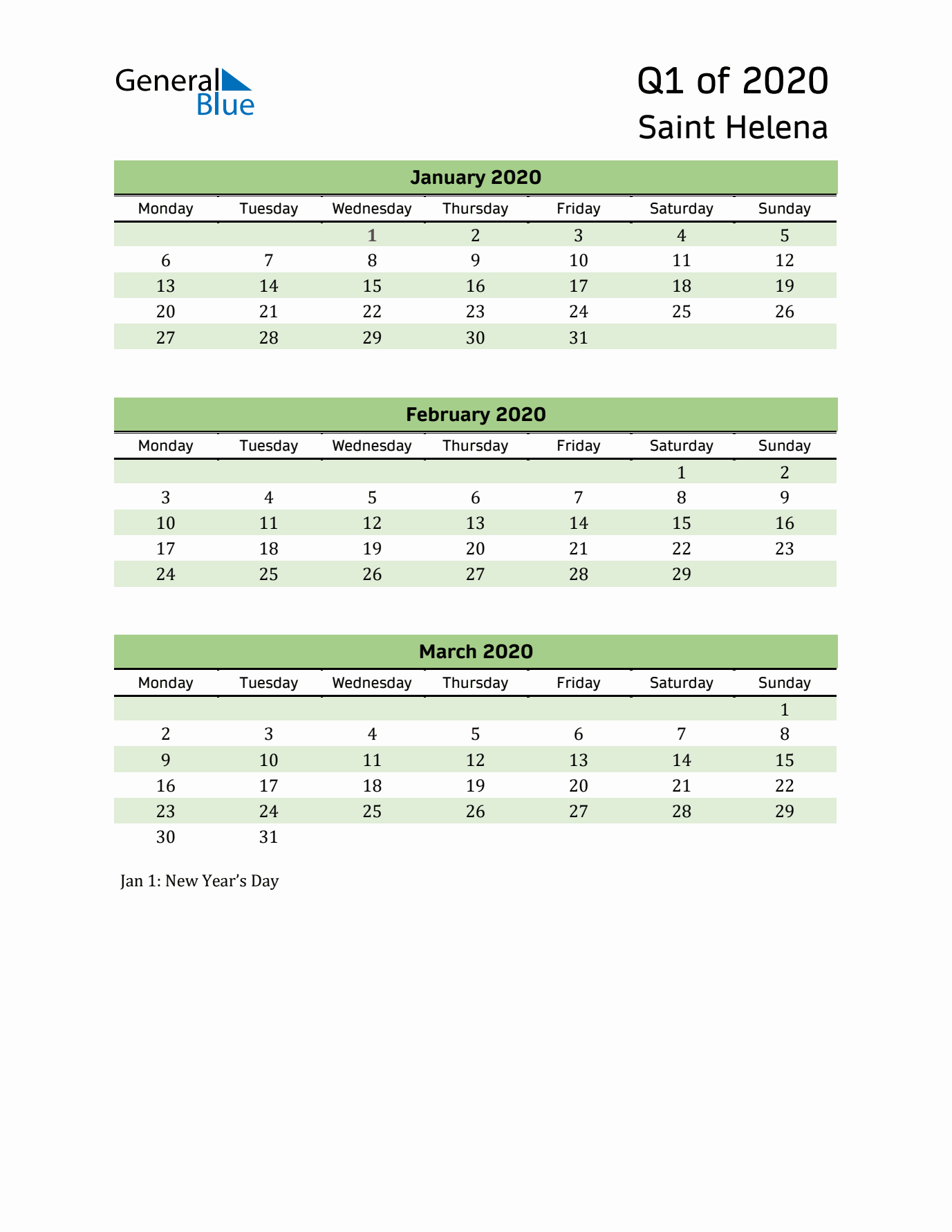 Quarterly Calendar 2020 with Saint Helena Holidays