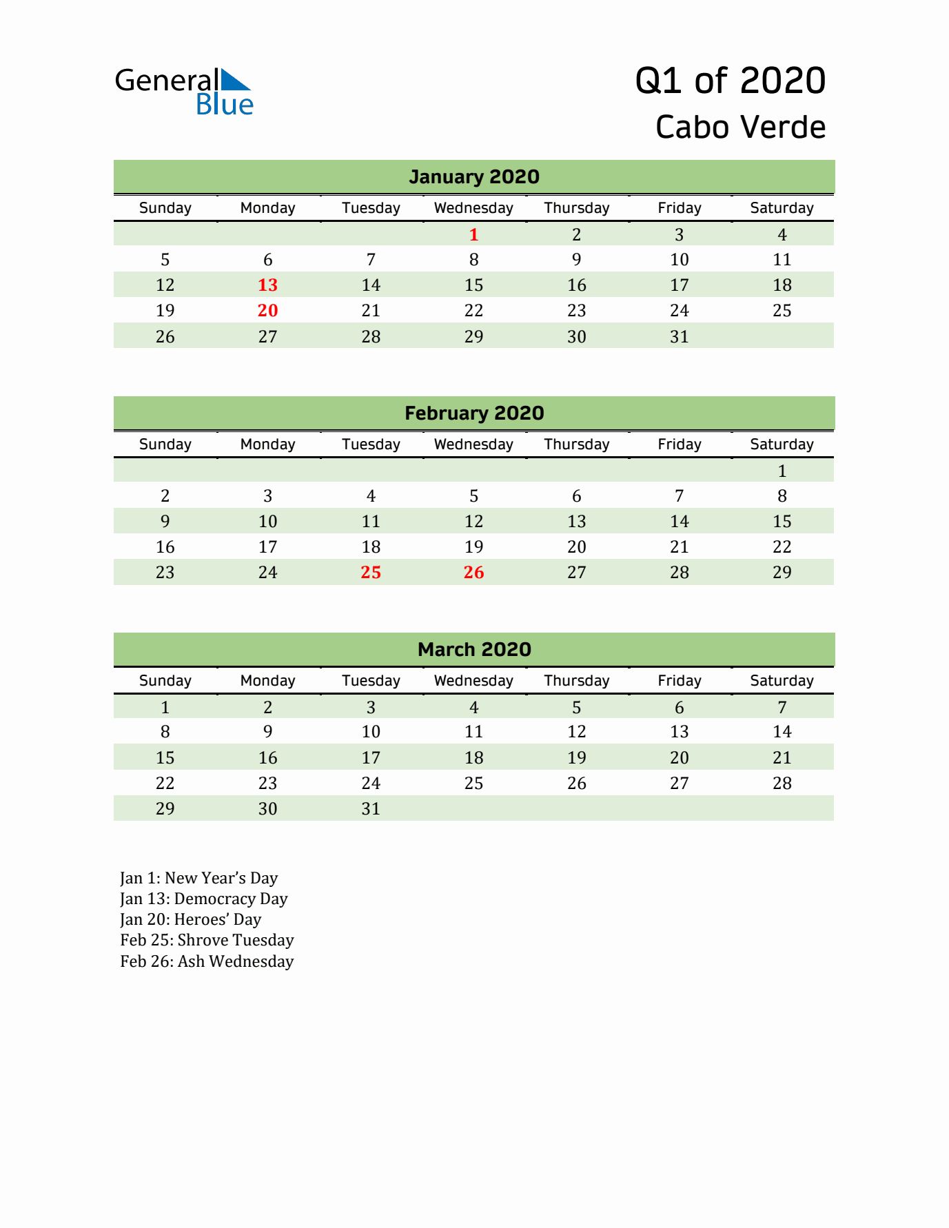 Quarterly Calendar 2020 with Cabo Verde Holidays