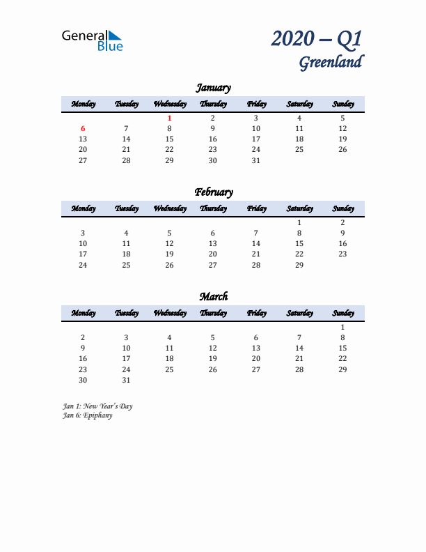 January, February, and March Calendar for Greenland with Monday Start