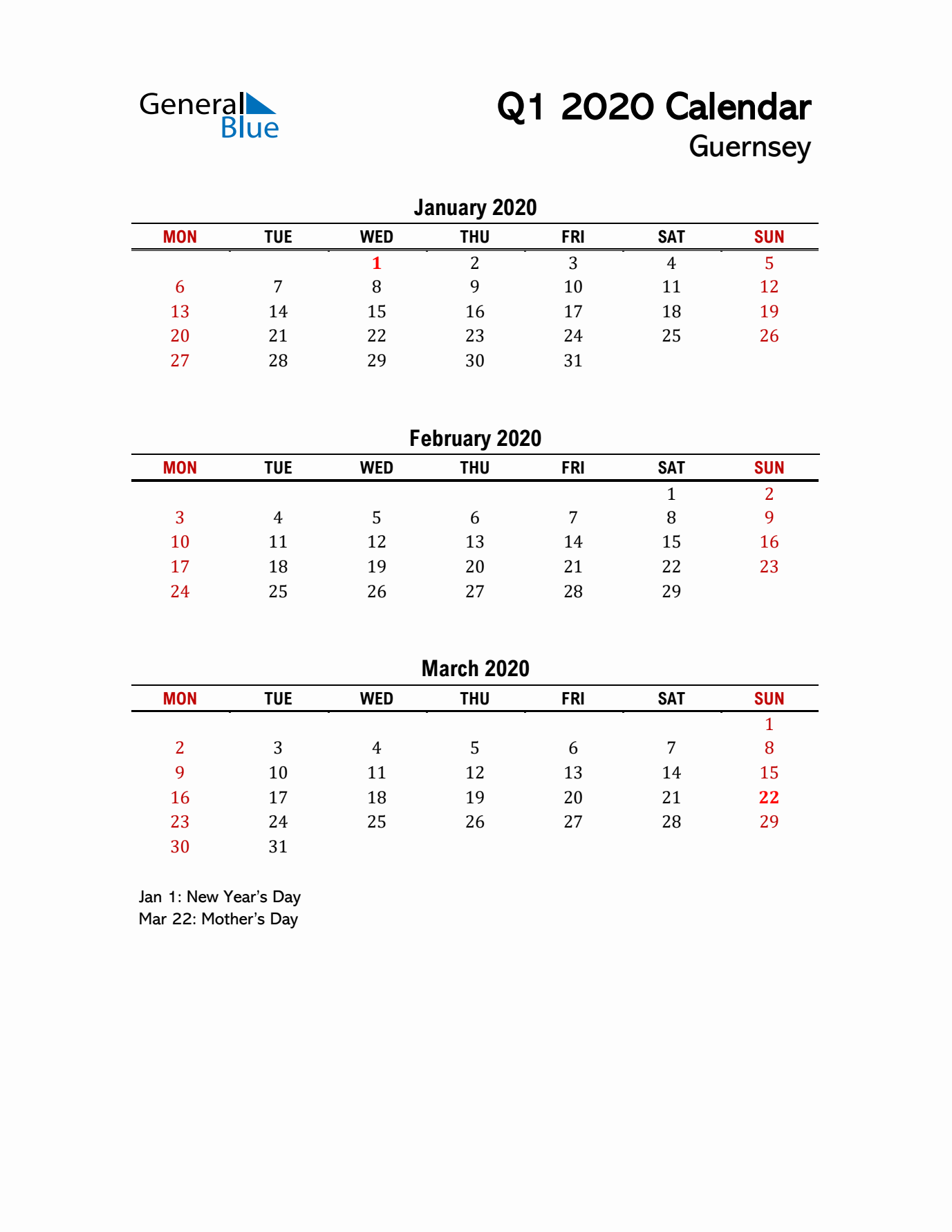 2020 Q1 Calendar with Holidays List for Guernsey