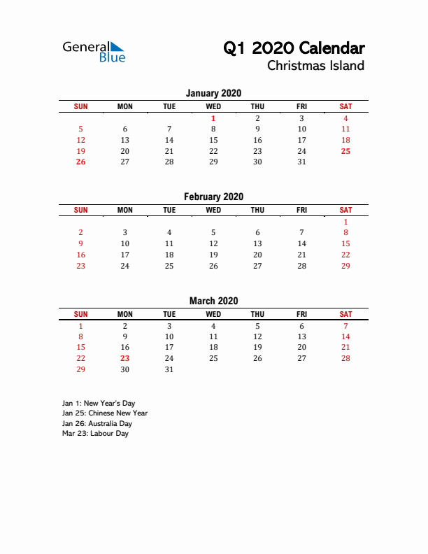 2020 Q1 Calendar with Holidays List for Christmas Island