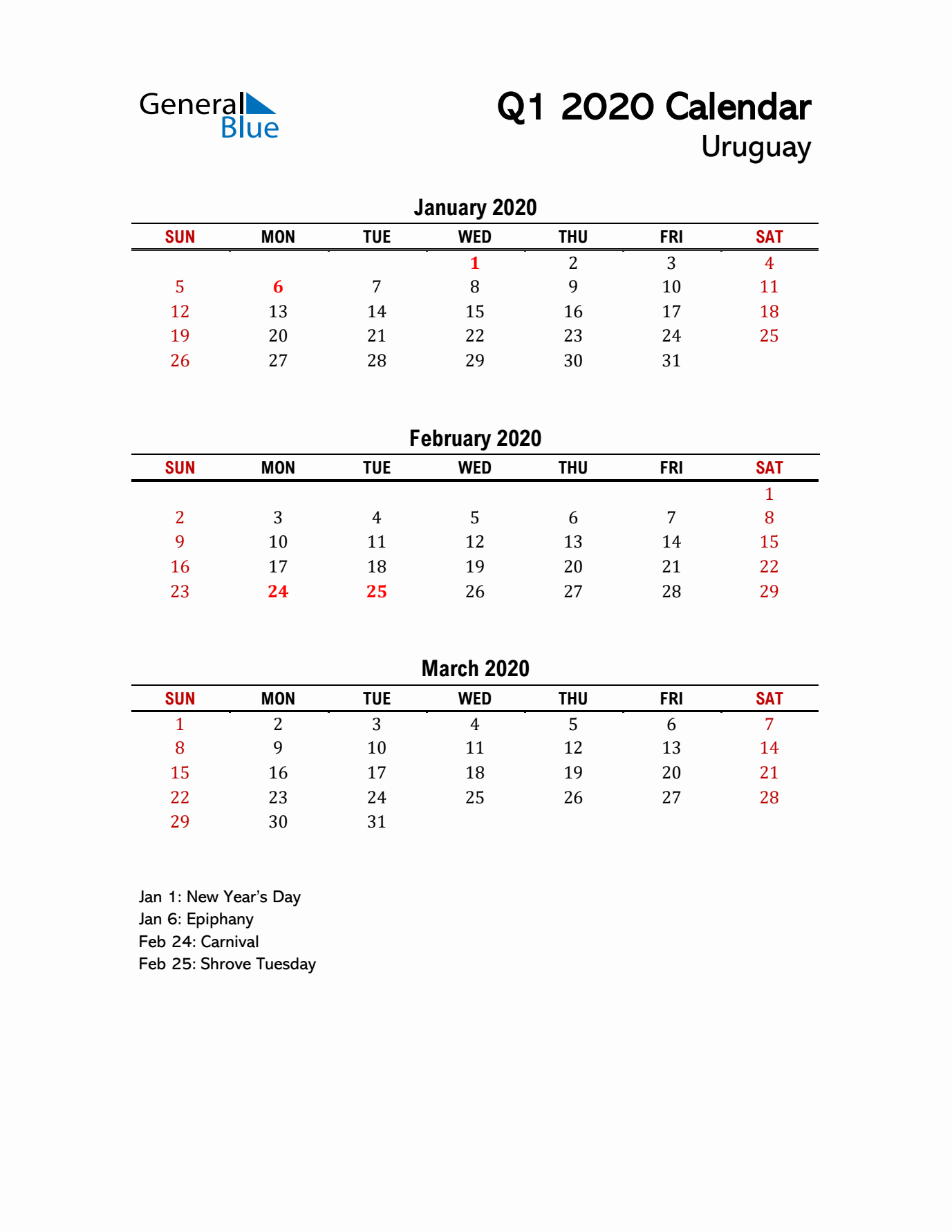 2020 Q1 Calendar with Holidays List for Uruguay