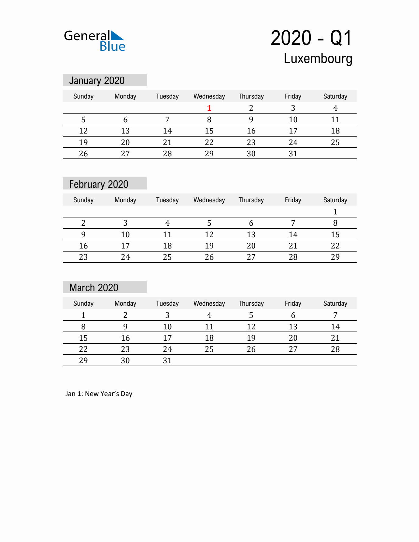 Luxembourg Quarter 1 2020 Calendar with Holidays