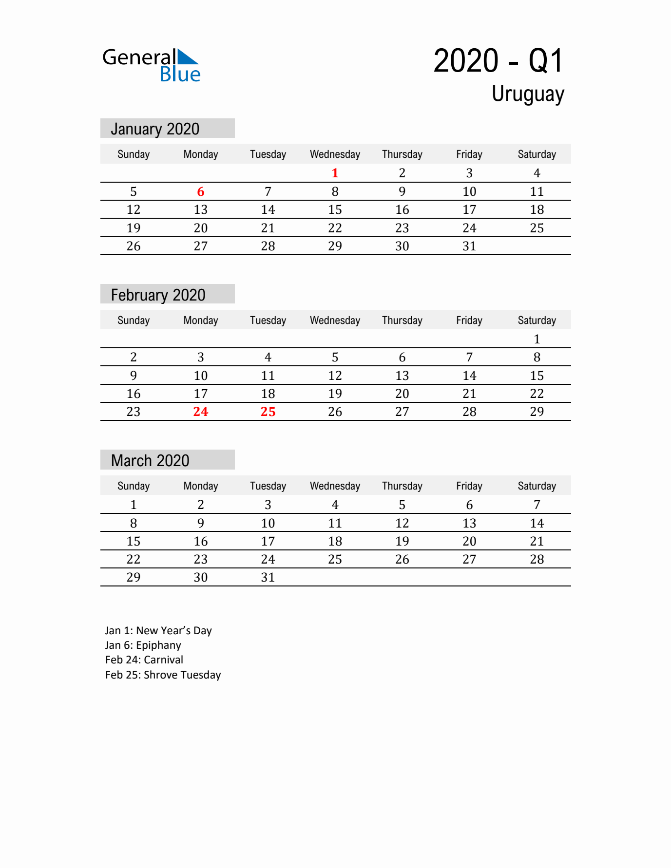 Uruguay Quarter 1 2020 Calendar with Holidays