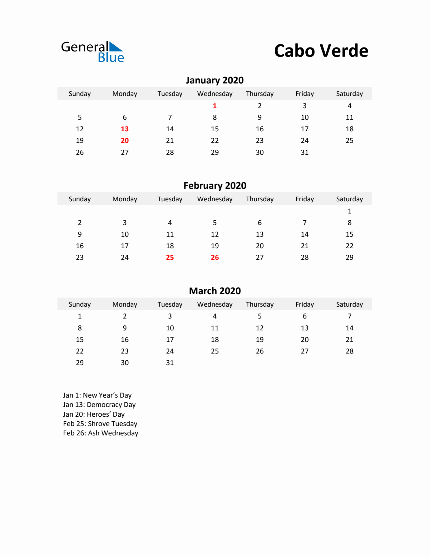 Printable Quarterly Calendar with Notes and Cabo Verde Holidays- Q1 of 2020