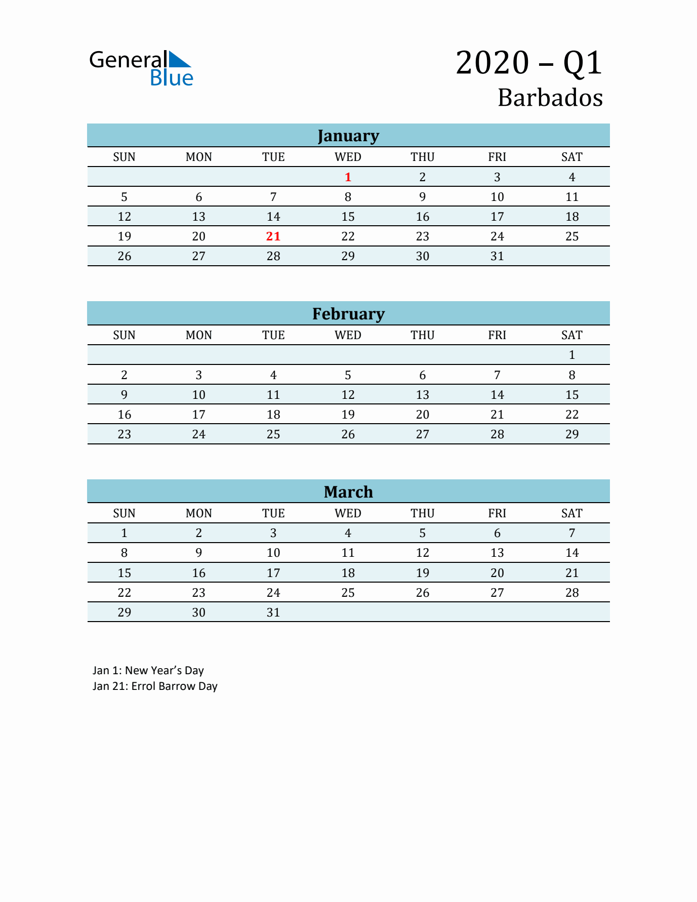 Three-Month Planner for Q1 2020 with Holidays - Barbados