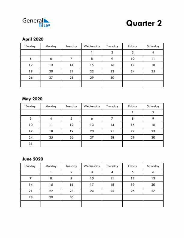 Quarter 2 2020 Calendar - Sunday Start