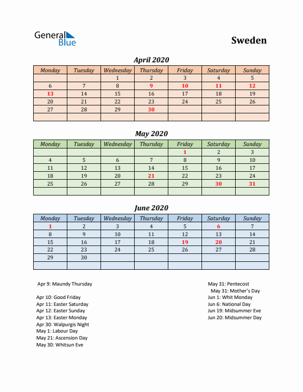 Q2 2020 Holiday Calendar - Sweden