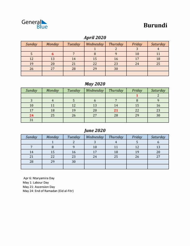 Q2 2020 Holiday Calendar - Burundi