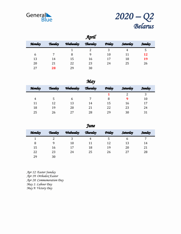 April, May, and June Calendar for Belarus with Monday Start