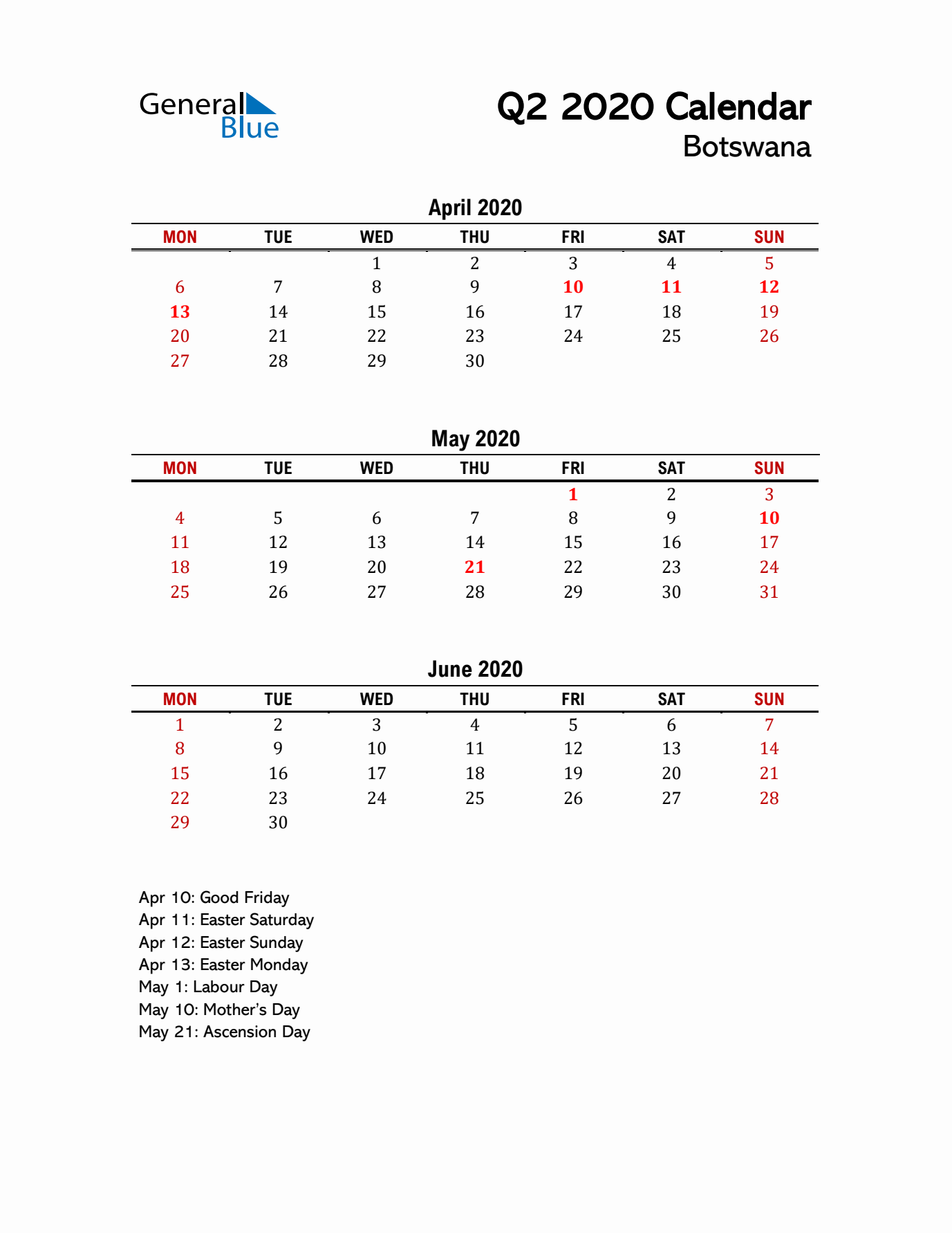 2020 Q2 Calendar with Holidays List for Botswana