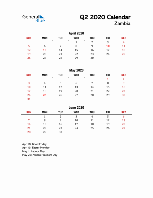 2020 Q2 Calendar with Holidays List for Zambia