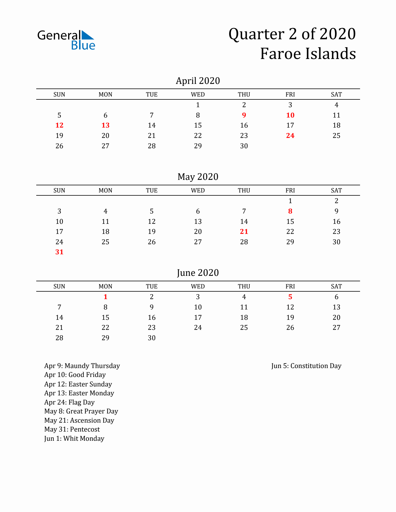 Quarter 2 2020 Faroe Islands Quarterly Calendar