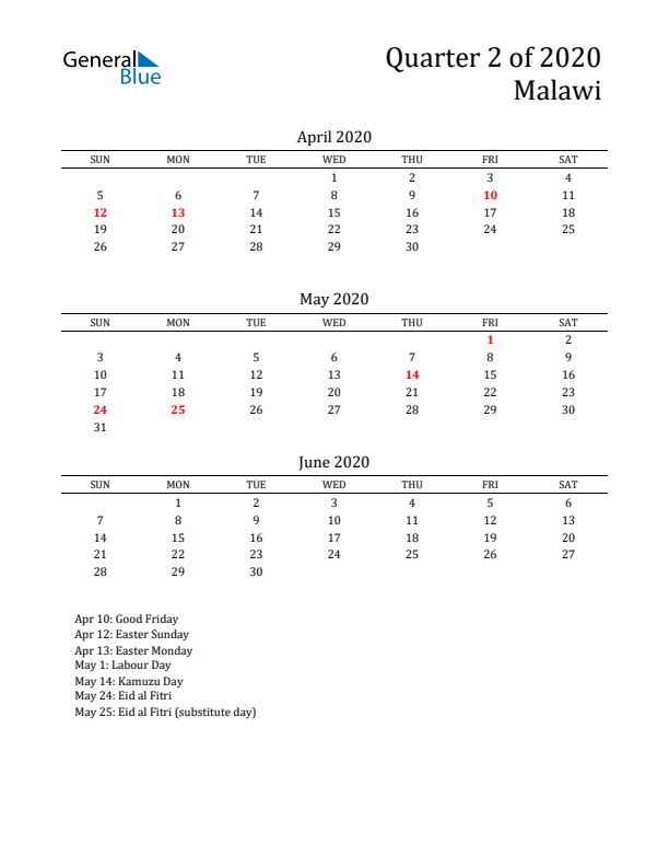 Quarter 2 2020 Malawi Quarterly Calendar