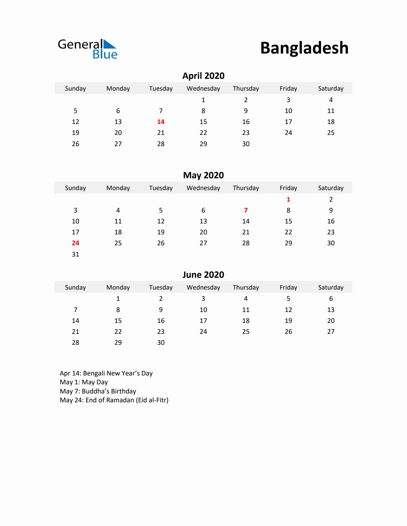Printable Quarterly Calendar with Notes and Bangladesh Holidays- Q2 of 2020