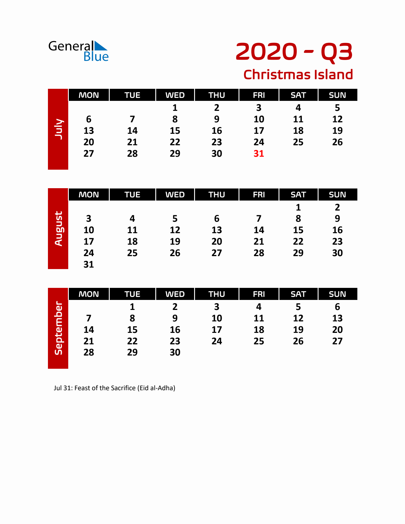 Q3 2020 Calendar with Holidays in Christmas Island
