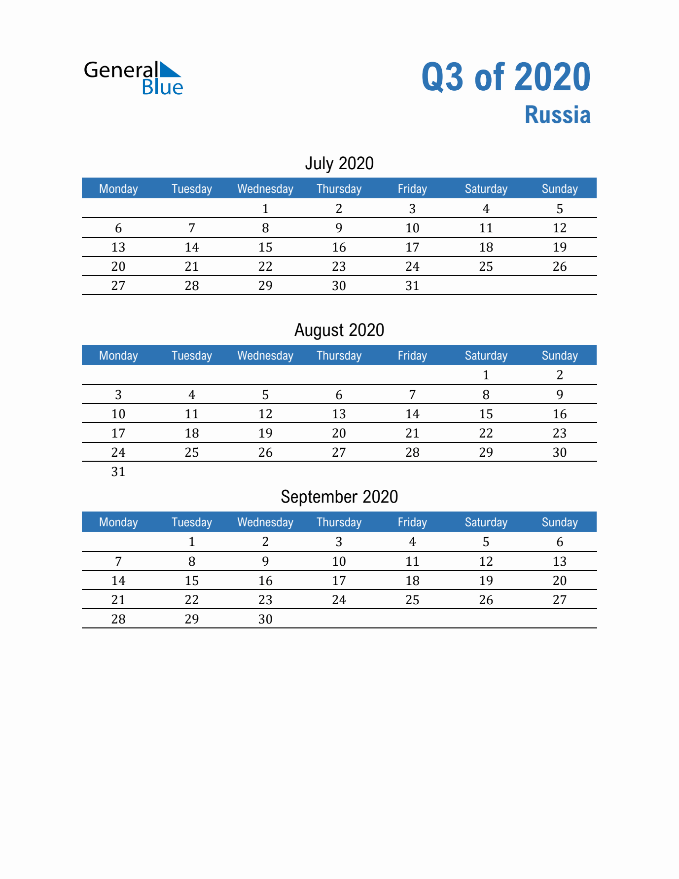 Russia Q3 2020 Quarterly Calendar with Monday Start