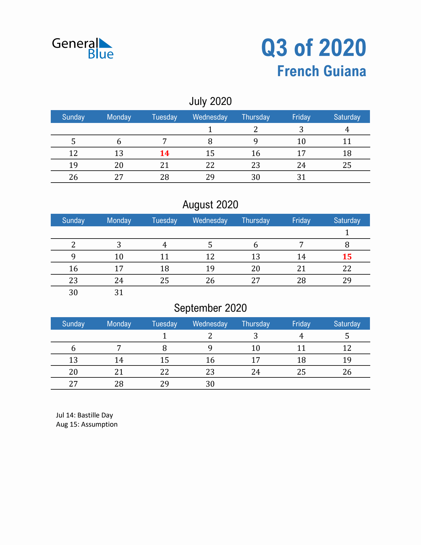 French Guiana Q3 2020 Quarterly Calendar with Sunday Start
