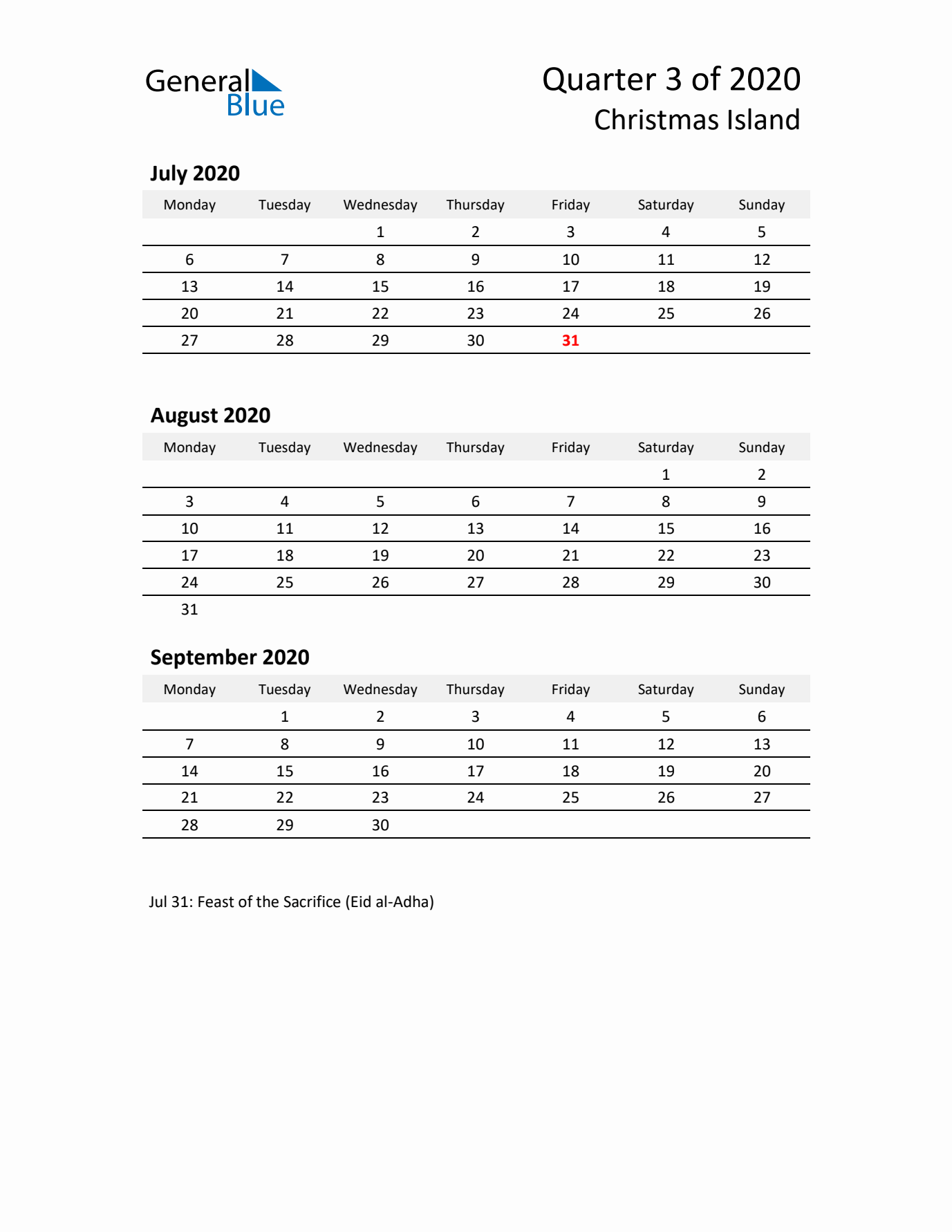 2020 Q3 Three-Month Calendar for Christmas Island