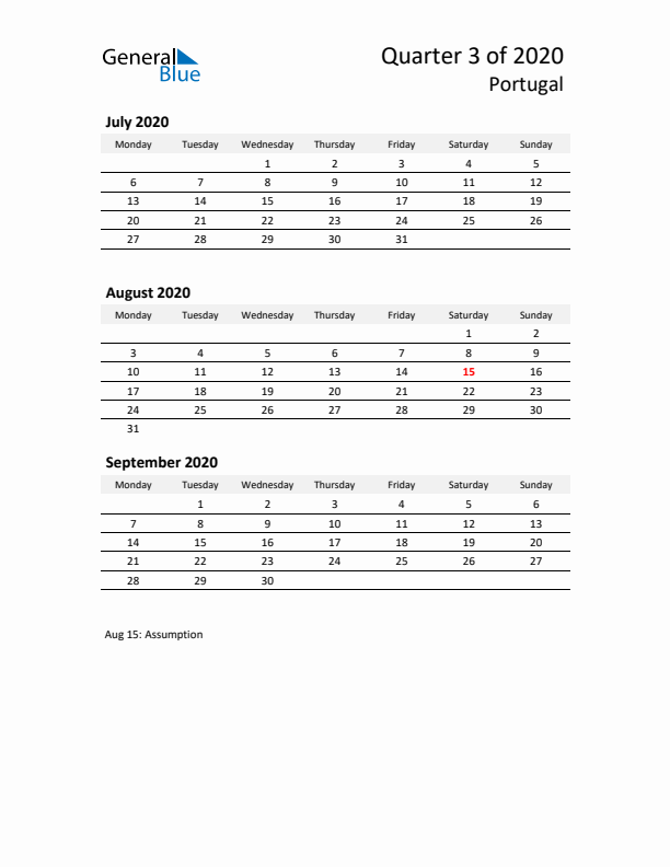 2020 Q3 Three-Month Calendar for Portugal