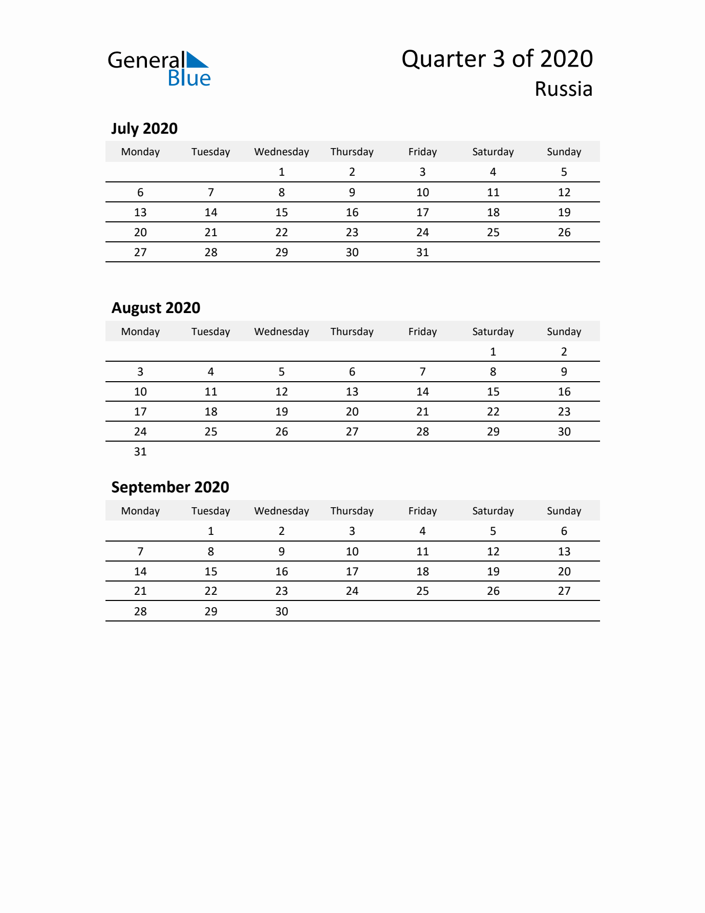 2020 Q3 Three-Month Calendar for Russia
