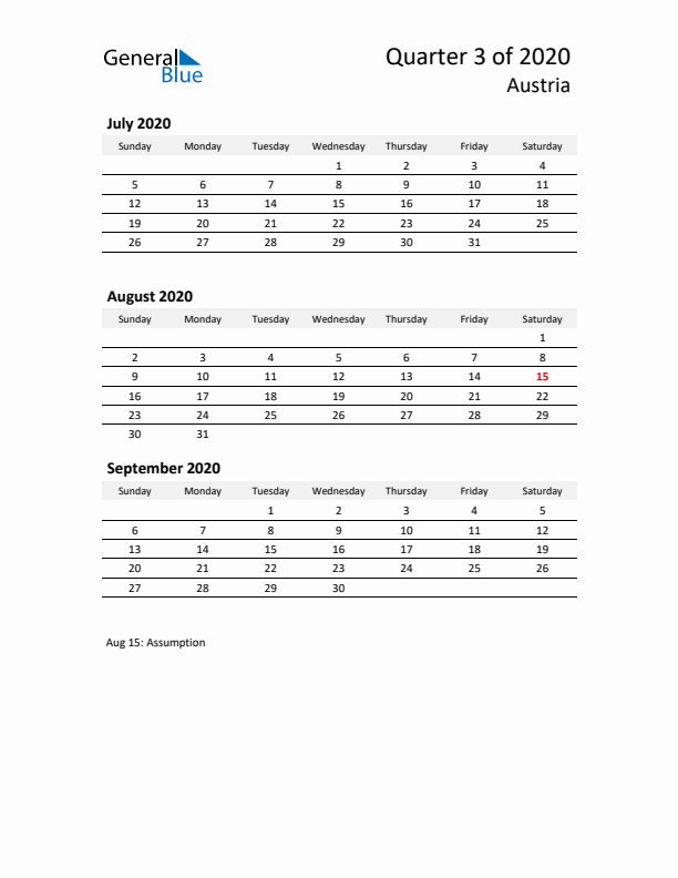 2020 Q3 Three-Month Calendar for Austria
