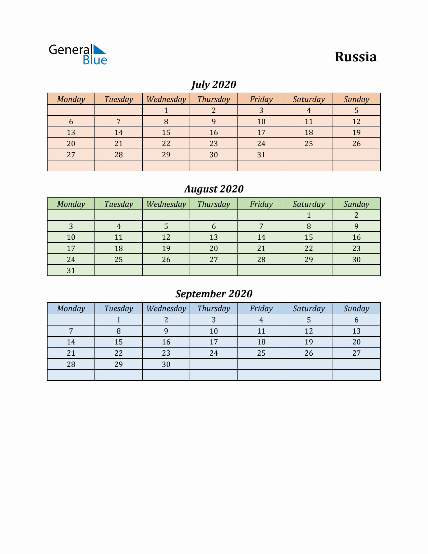 Q3 2020 Holiday Calendar - Russia