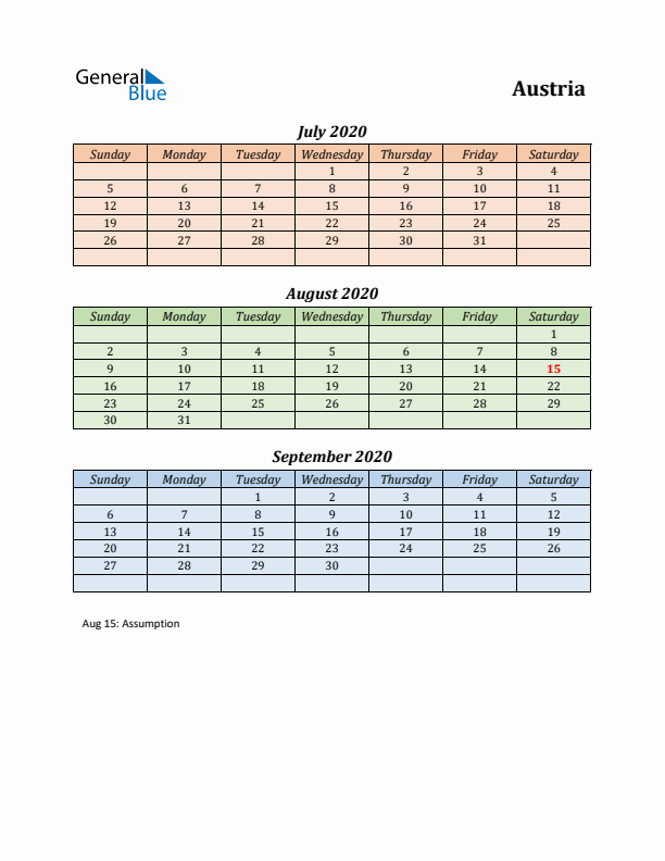 Q3 2020 Holiday Calendar - Austria
