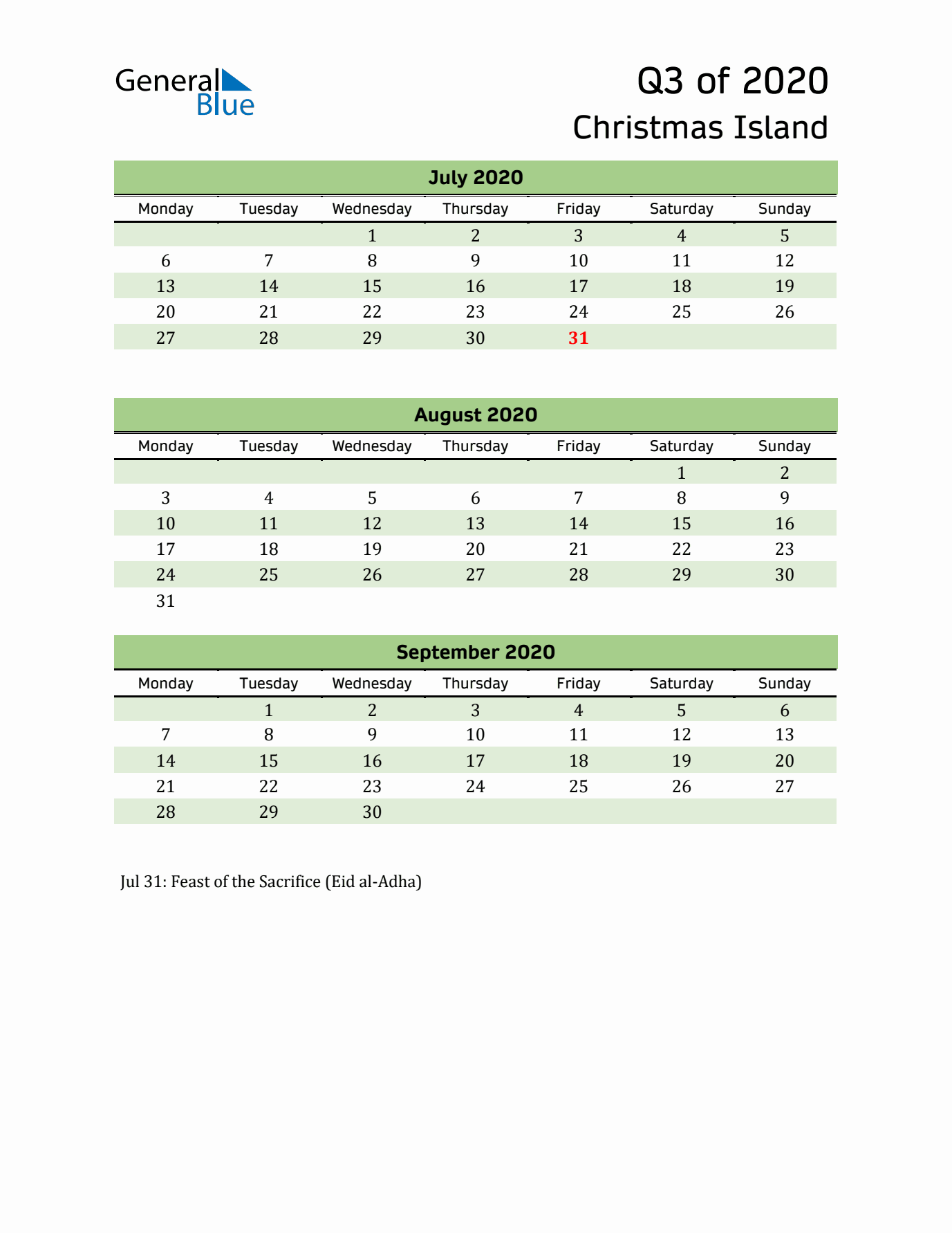 Quarterly Calendar 2020 with Christmas Island Holidays