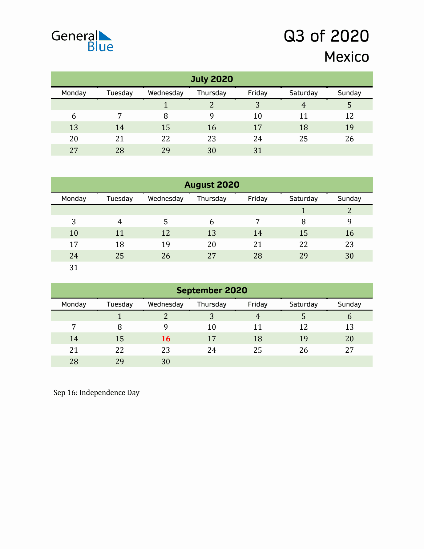 Quarterly Calendar 2020 with Mexico Holidays