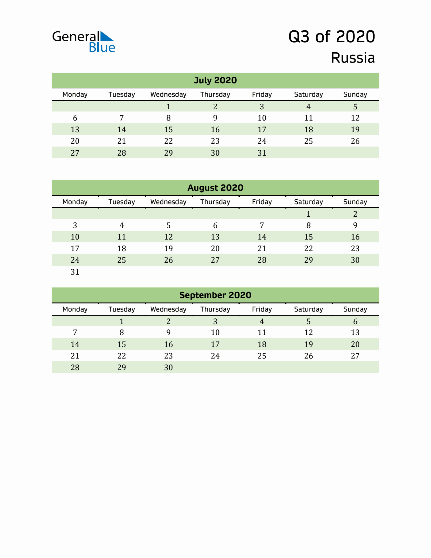 Quarterly Calendar 2020 with Russia Holidays