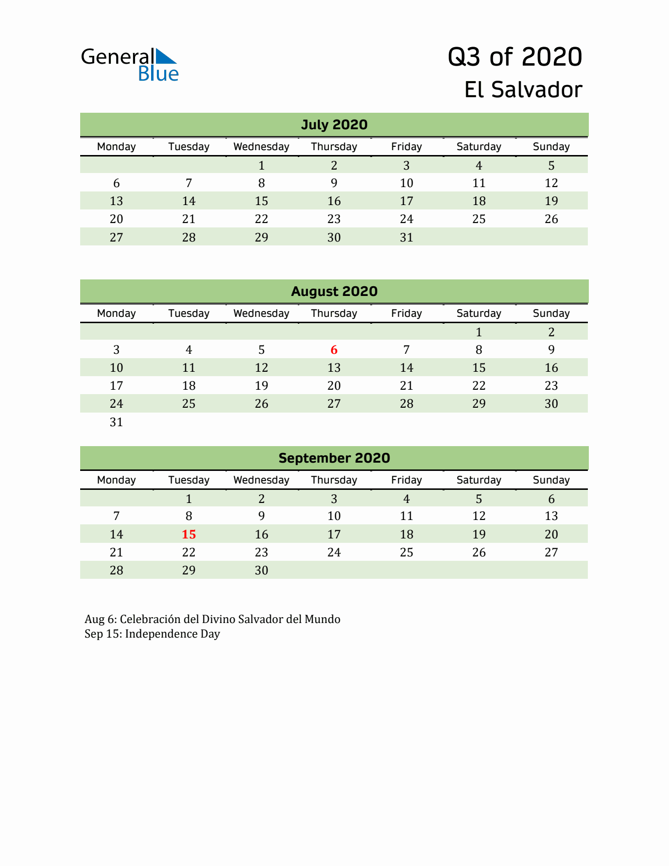 Quarterly Calendar 2020 with El Salvador Holidays