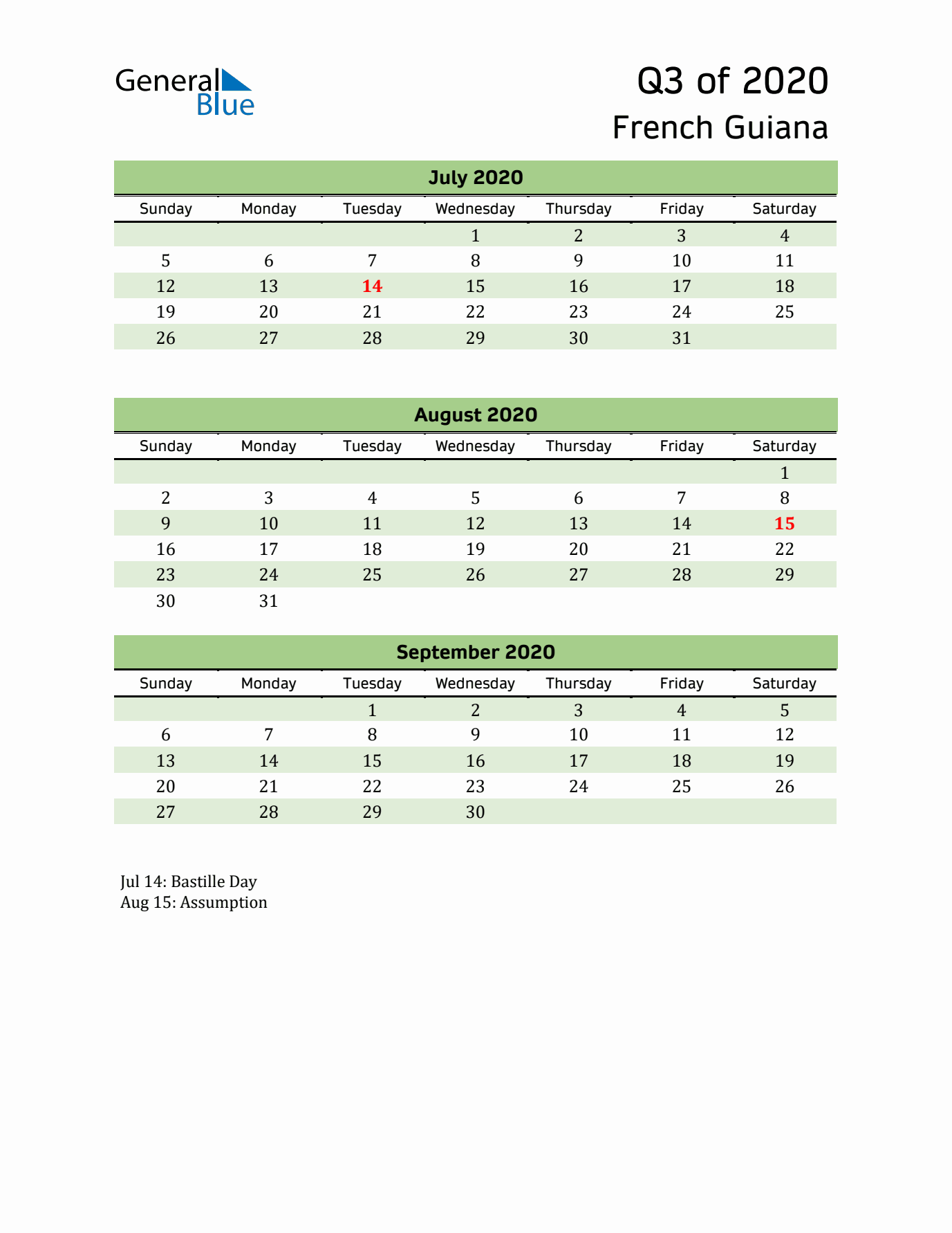 Quarterly Calendar 2020 with French Guiana Holidays