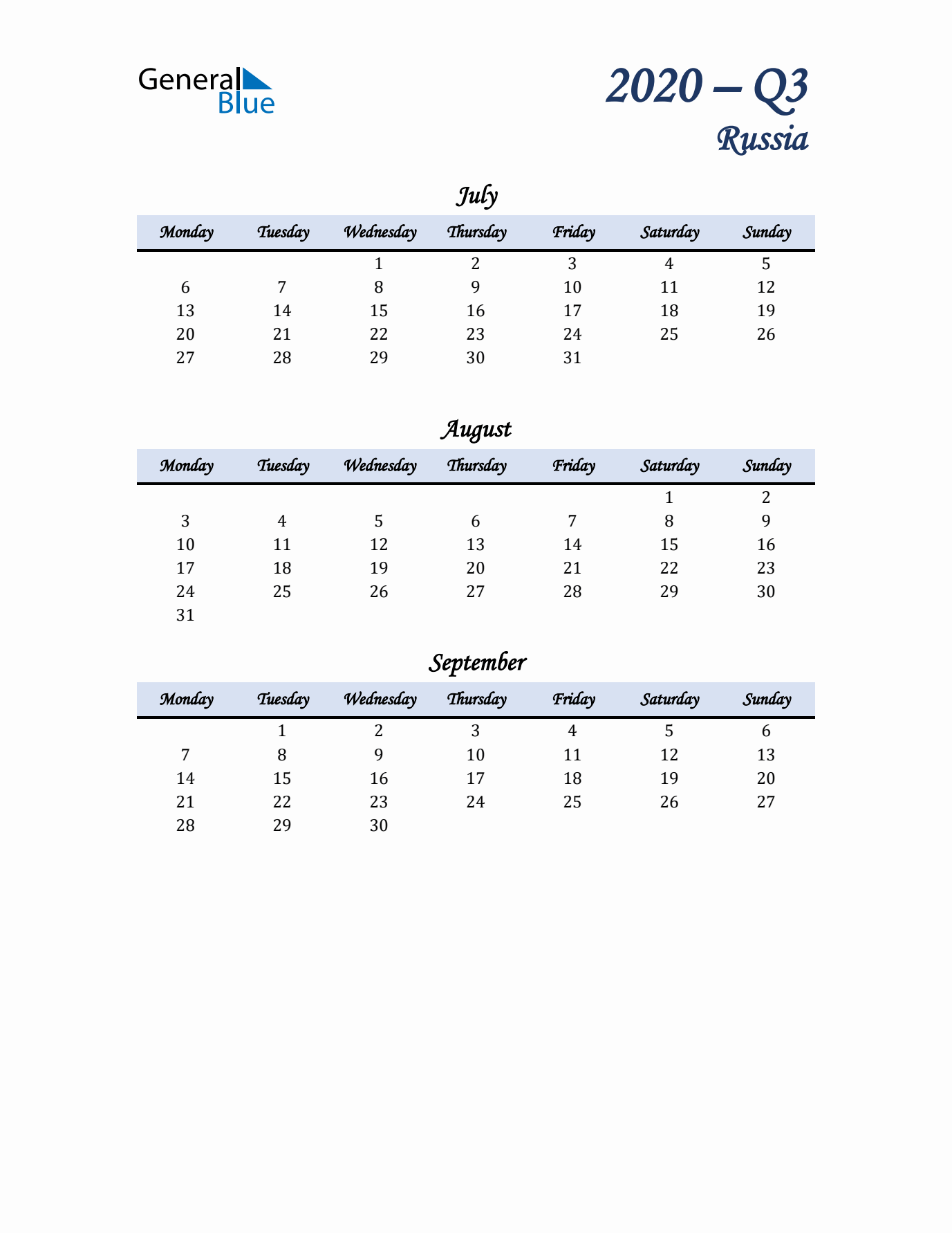 July, August, and September Calendar for Russia with Monday Start