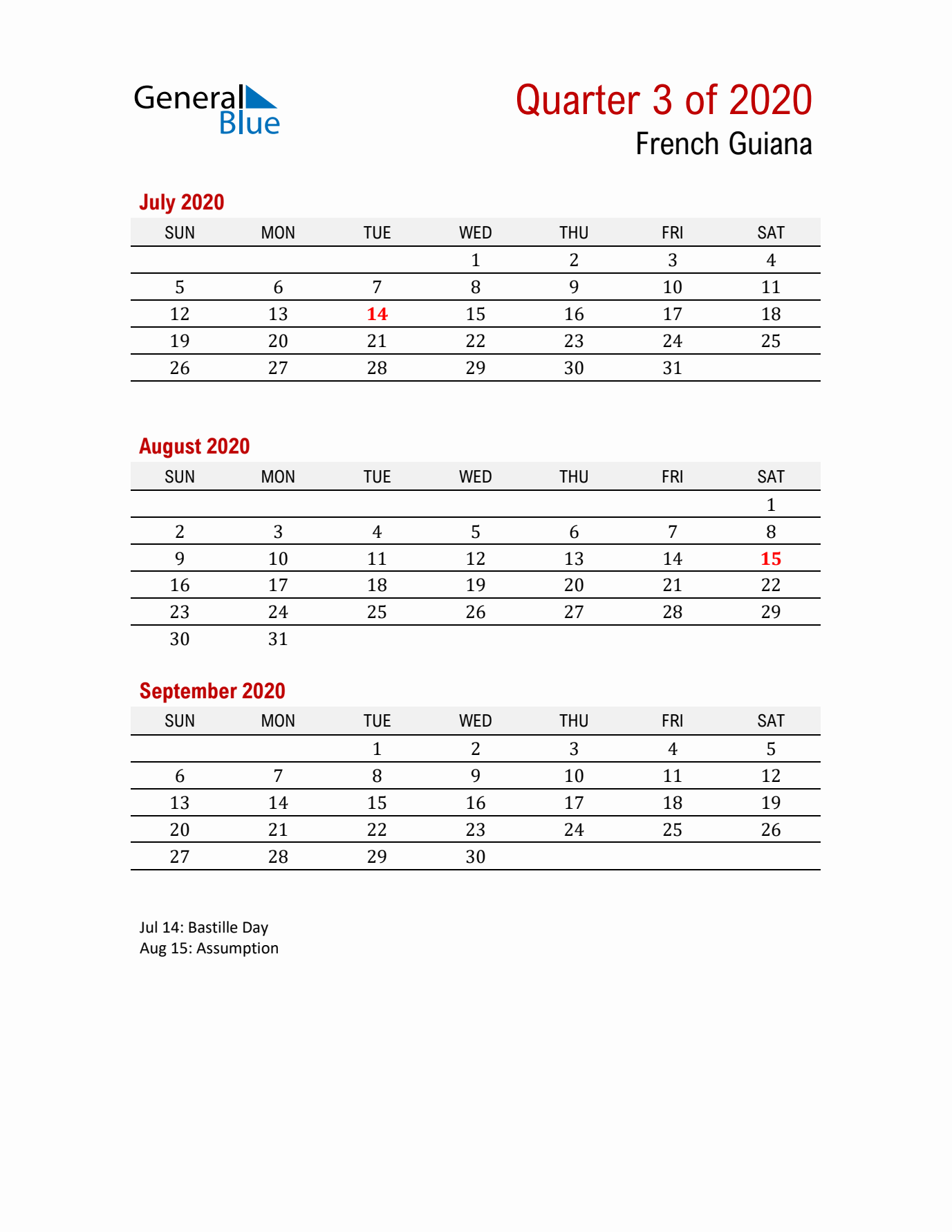 Printable Three Month Calendar with French Guiana Holidays