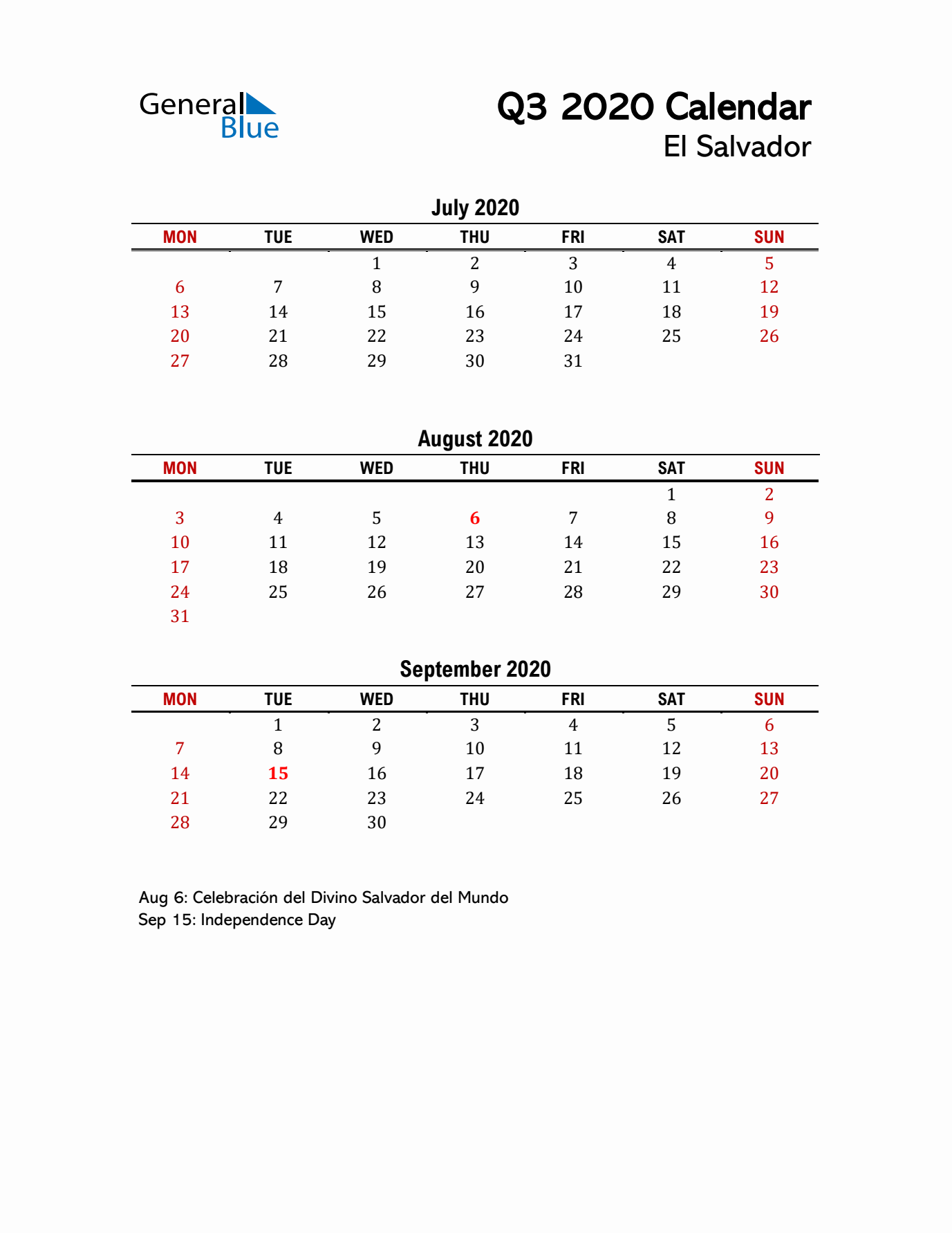 2020 Q3 Calendar with Holidays List for El Salvador