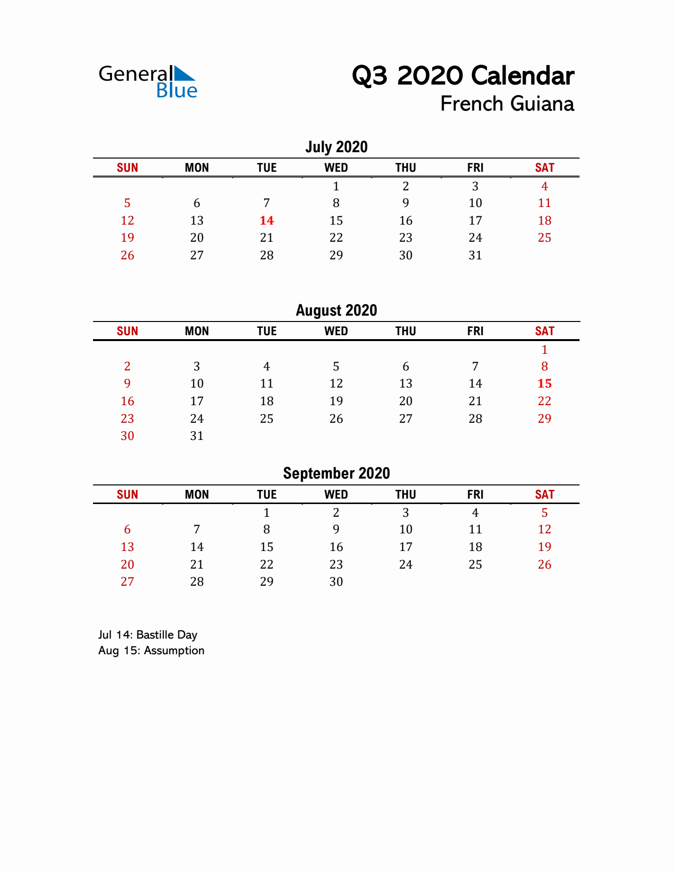 2020 Q3 Calendar with Holidays List for French Guiana