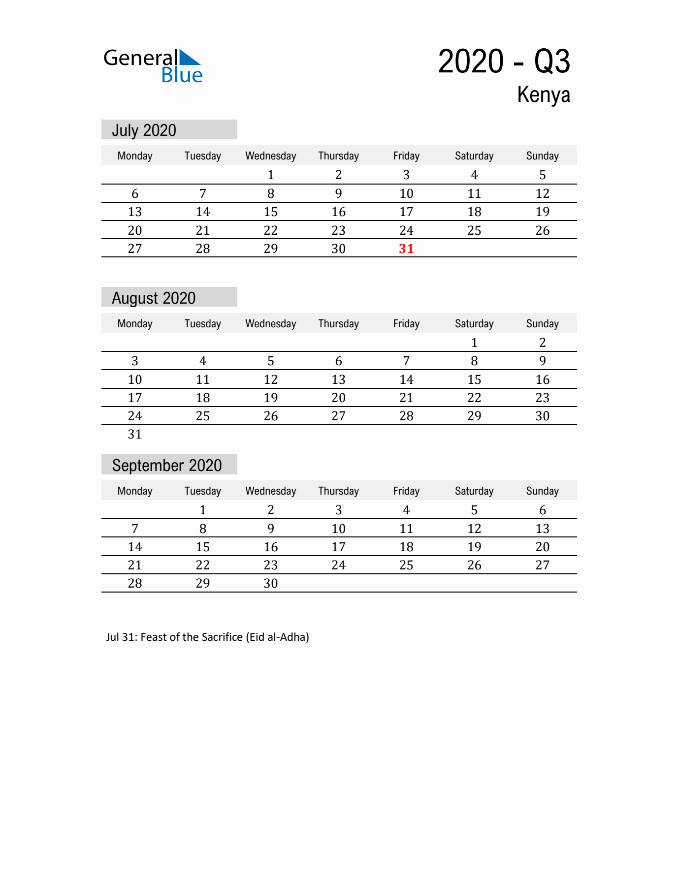 Kenya Quarter 3 2020 Calendar with Holidays