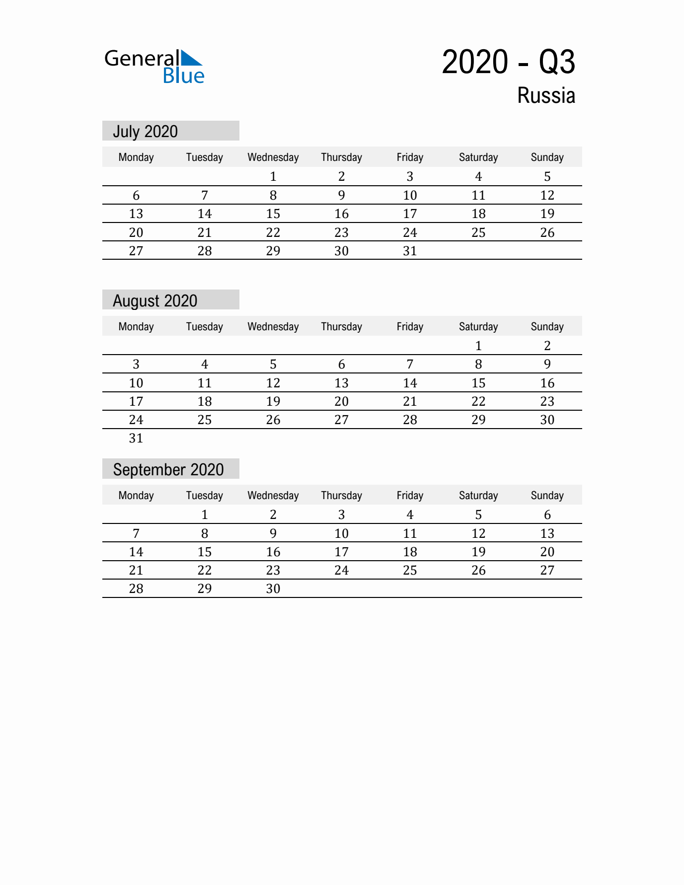 Russia Quarter 3 2020 Calendar with Holidays