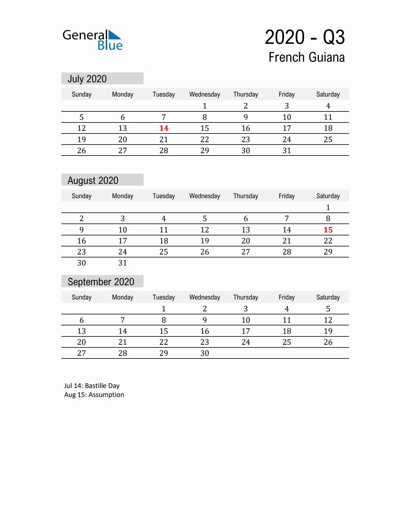 French Guiana Quarter 3 2020 Calendar with Holidays
