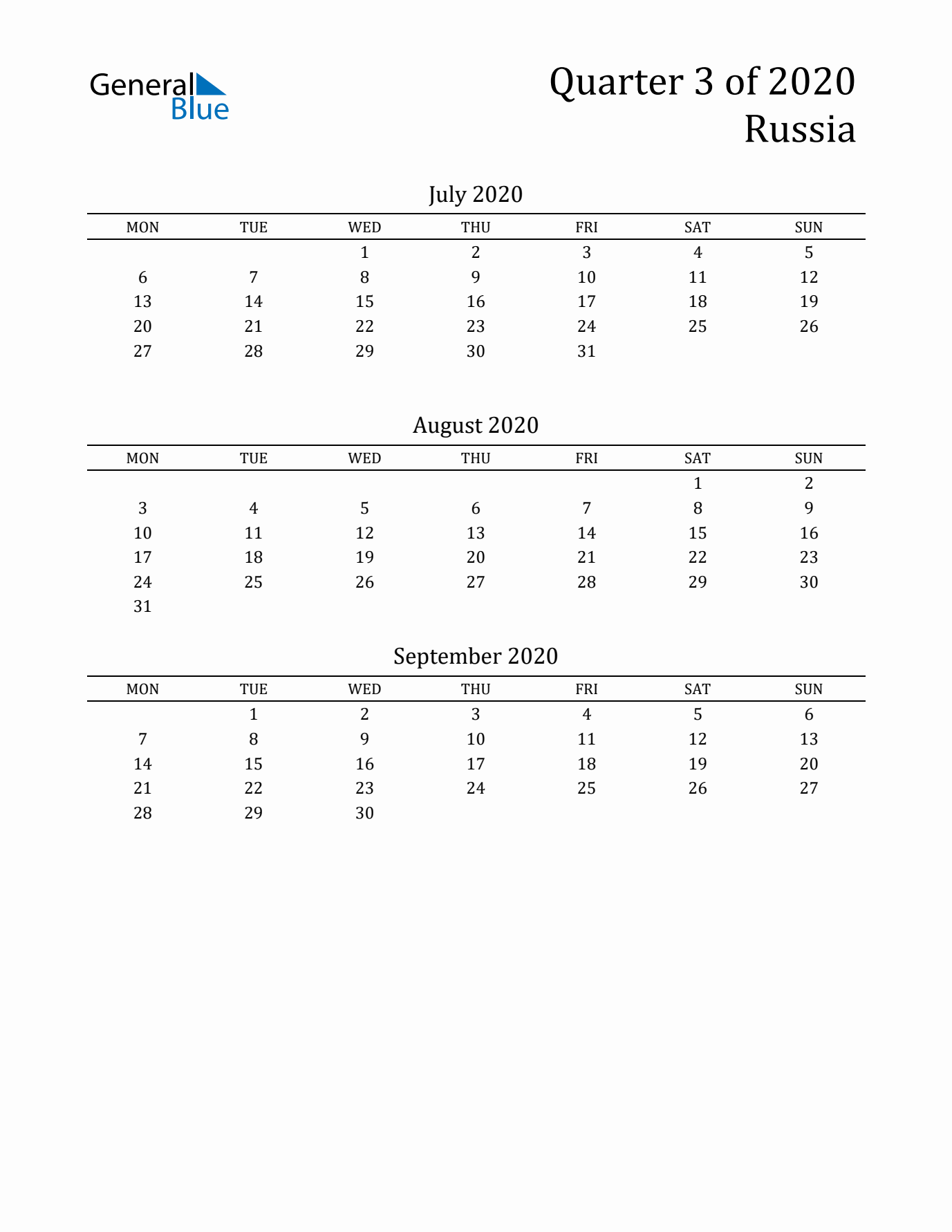 Quarter 3 2020 Russia Quarterly Calendar