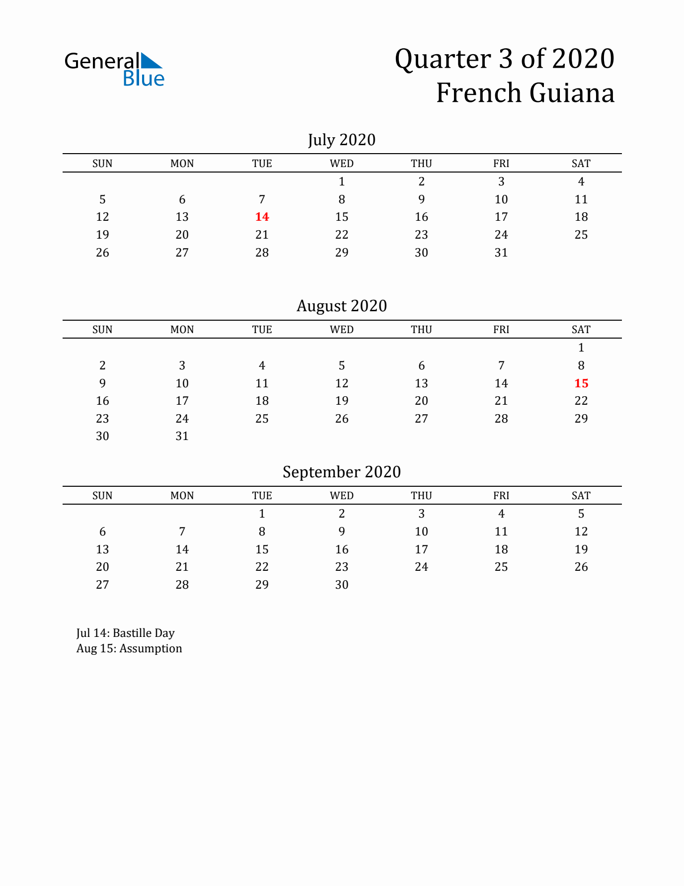 Quarter 3 2020 French Guiana Quarterly Calendar