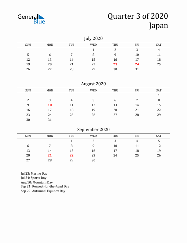 Quarter 3 2020 Japan Quarterly Calendar