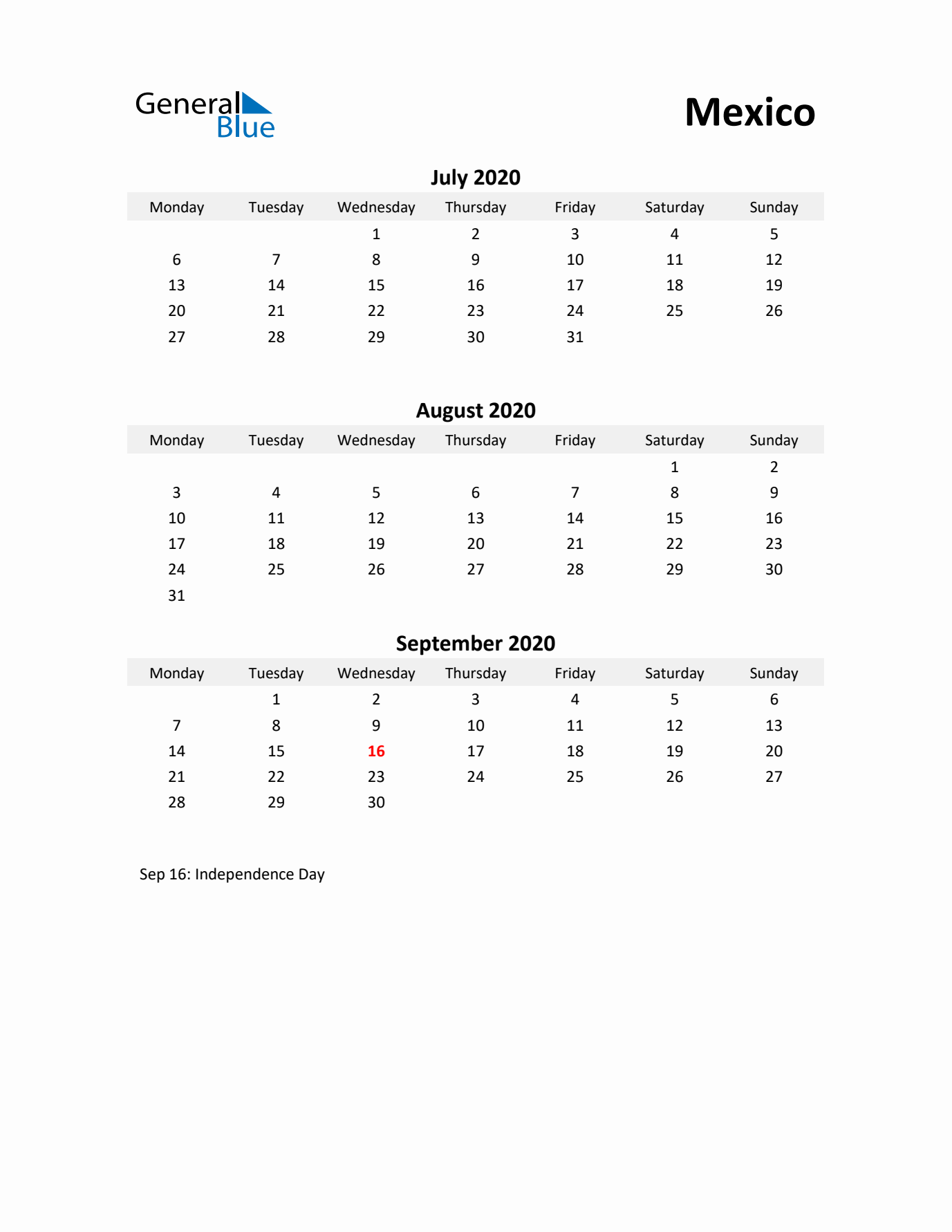 Printable Quarterly Calendar with Notes and Mexico Holidays- Q3 of 2020