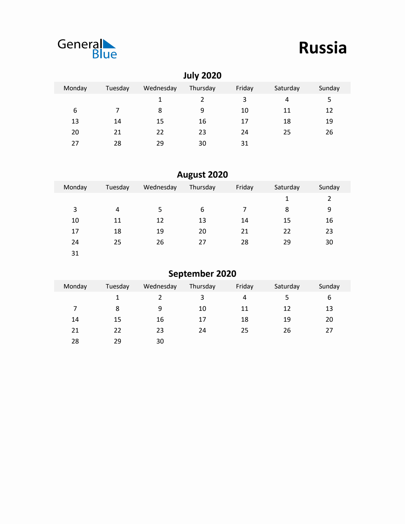 Printable Quarterly Calendar with Notes and Russia Holidays- Q3 of 2020