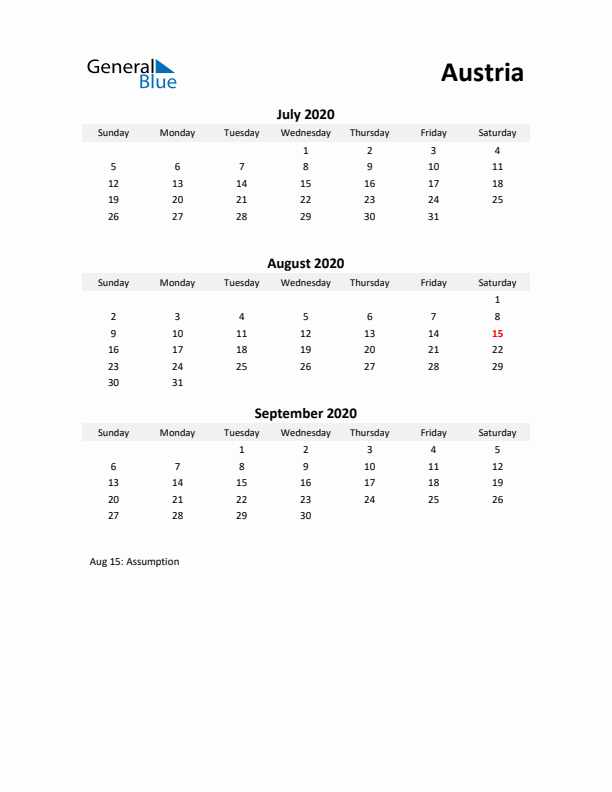 Printable Quarterly Calendar with Notes and Austria Holidays- Q3 of 2020