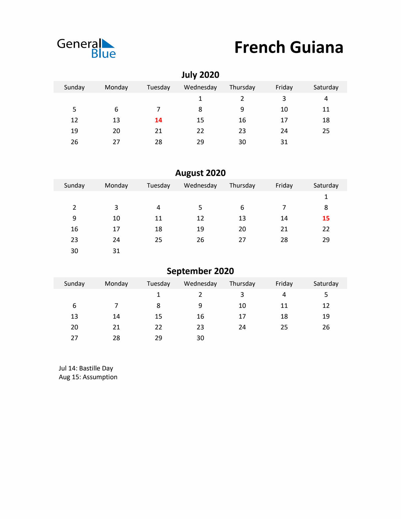 Printable Quarterly Calendar with Notes and French Guiana Holidays- Q3 of 2020