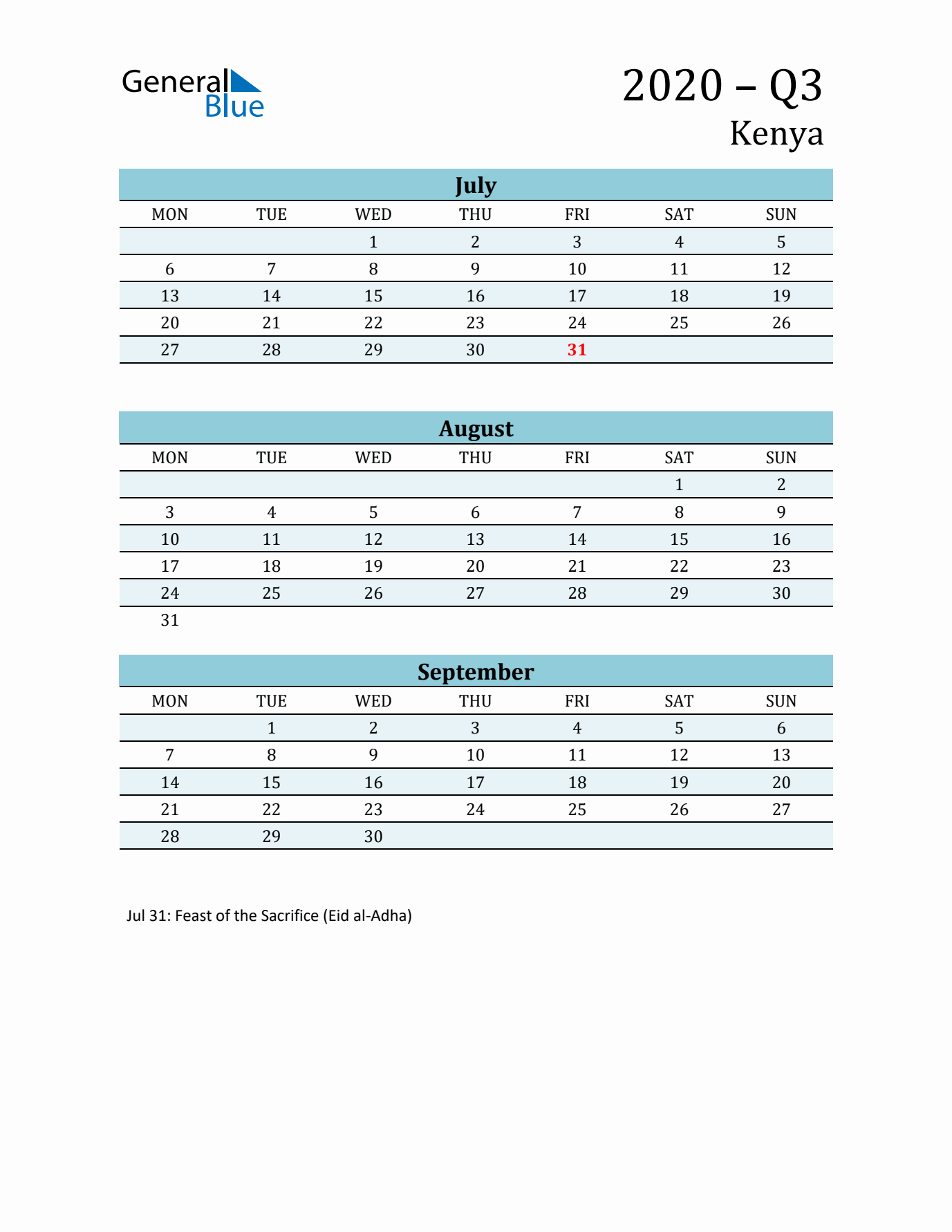 Three-Month Planner for Q3 2020 with Holidays - Kenya