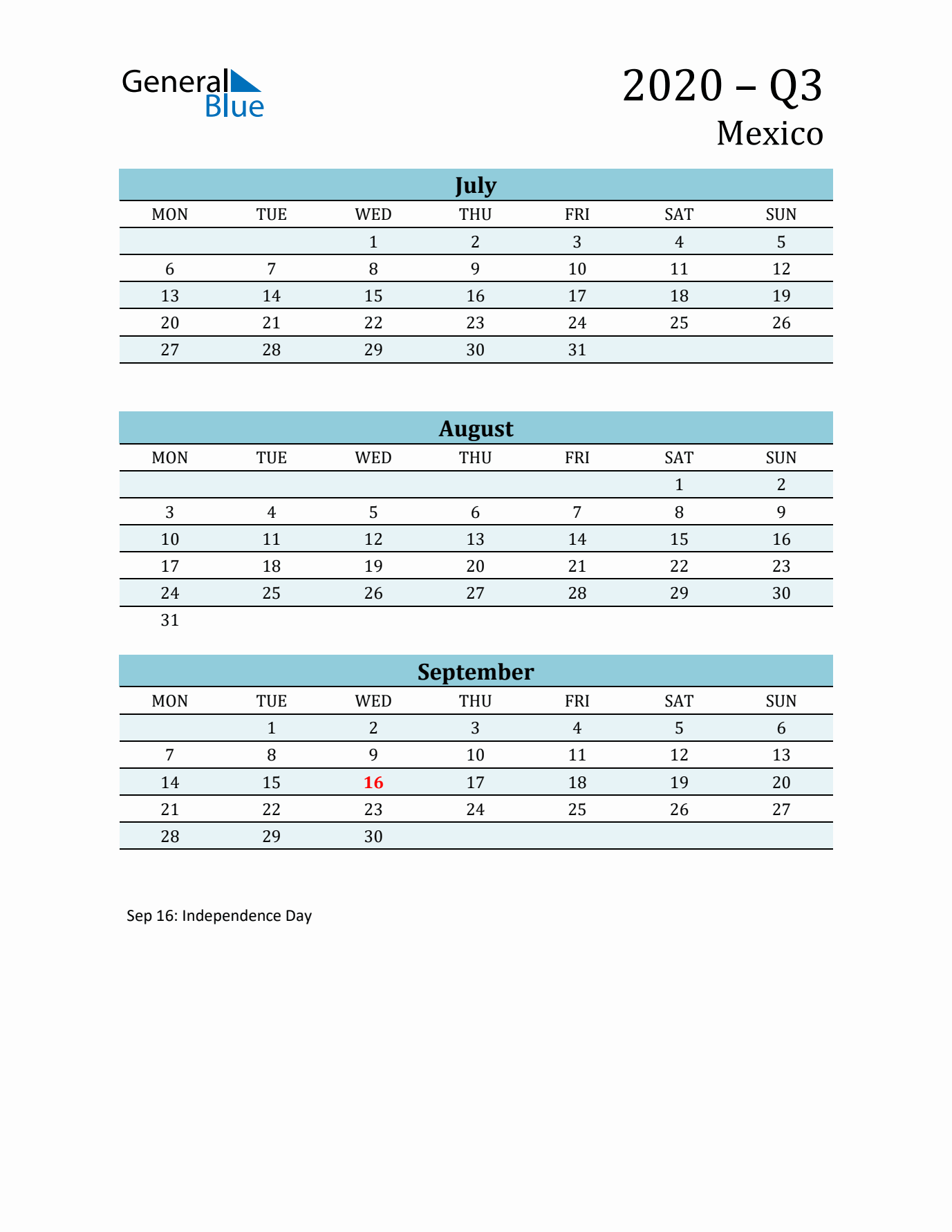 Three-Month Planner for Q3 2020 with Holidays - Mexico